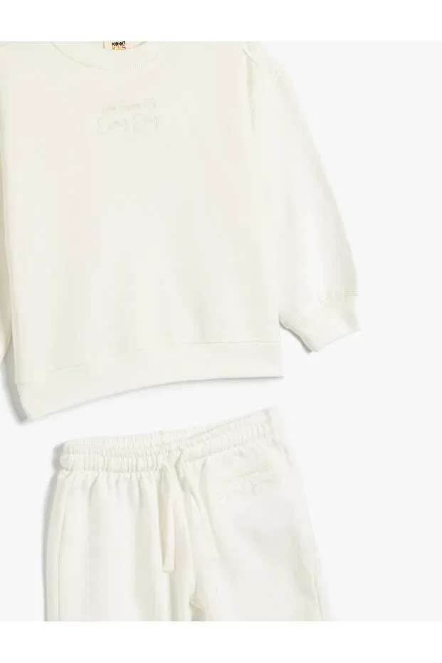 Детский спортивный костюм для девочек с принтом Basic tracksuit set Koton, Ecru — фото 3