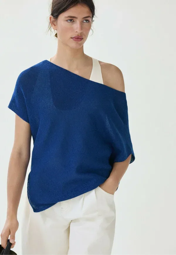 Футболка из льна с хлопком Basic t-shirt Massimo Dutti, темно-синий