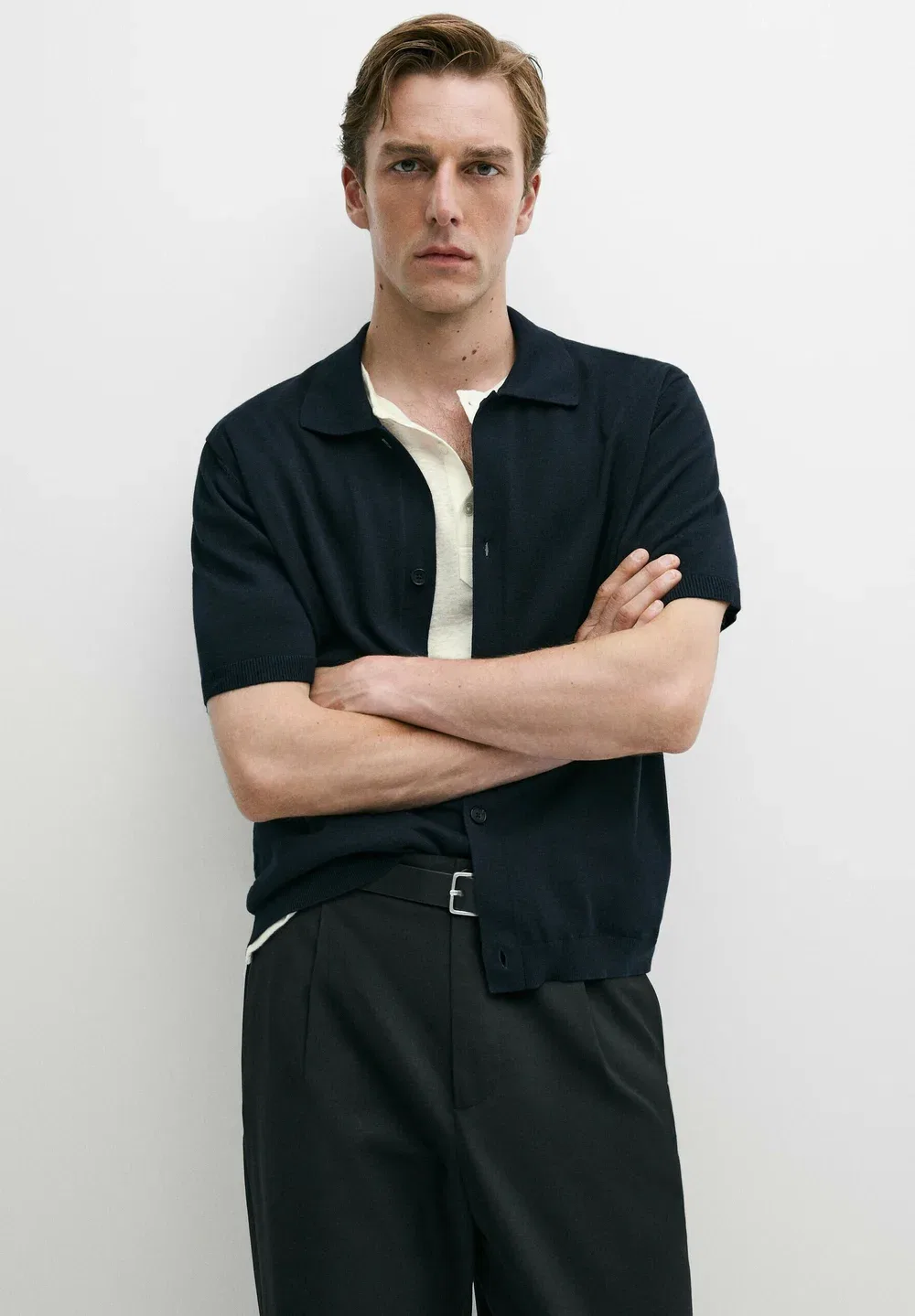 Вязаный кардиган с коротким рукавом на пуговицах - рубашка Massimo Dutti, Dark Blue