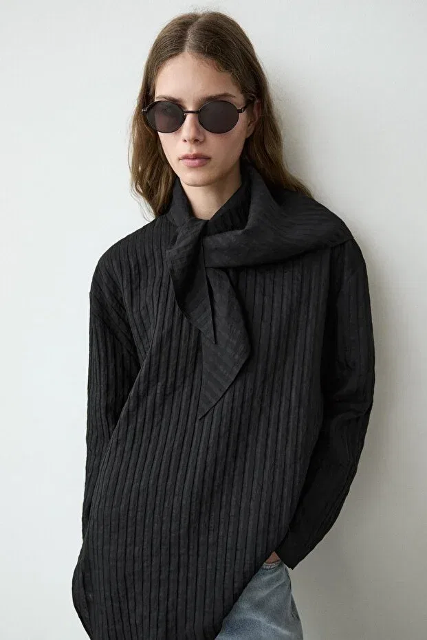 Женская рубашка свободного кроя с длинным рукавом Massimo Dutti, Black — фото 4