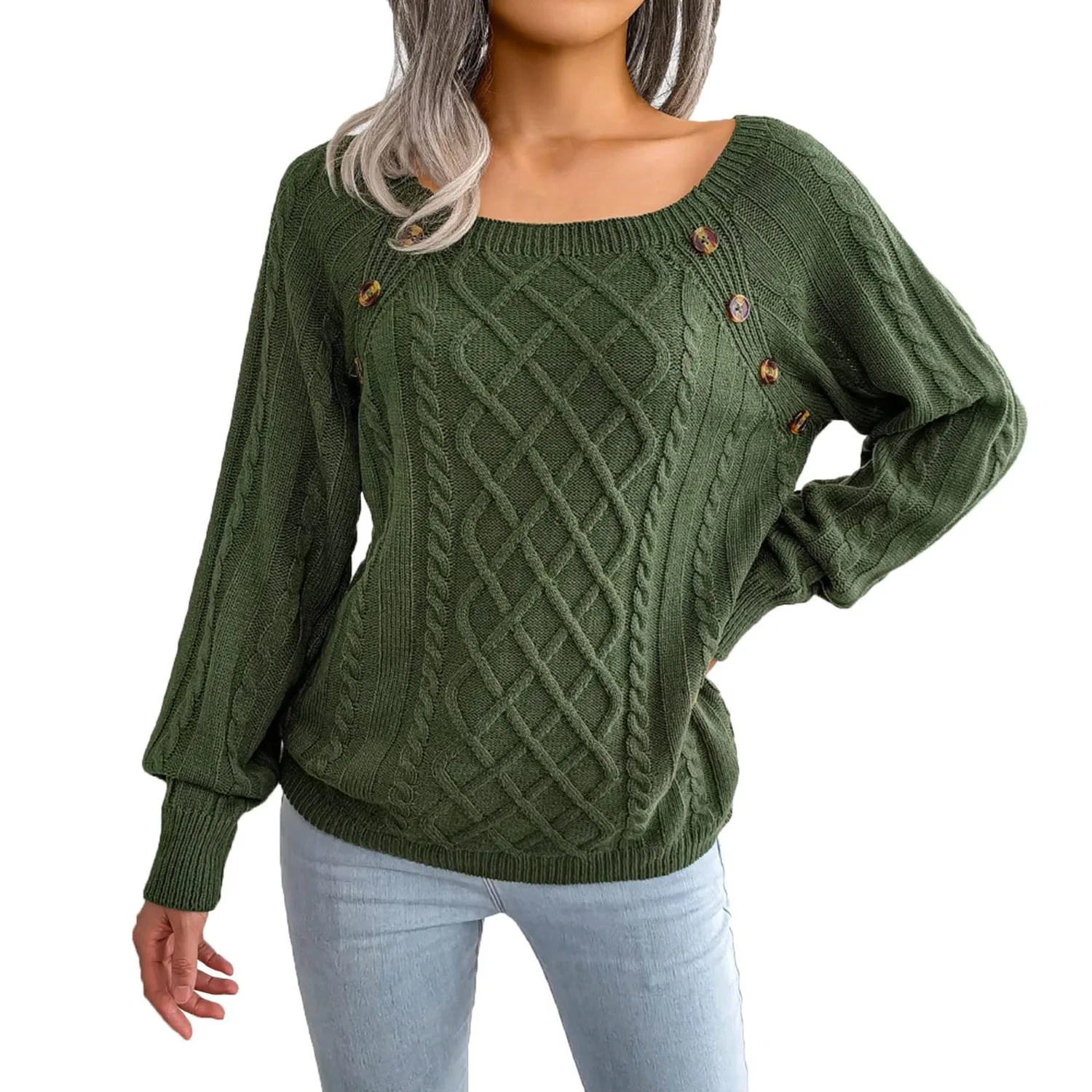 Женский свитер с высоким воротом и длинным рукавом, свободный, Army Green