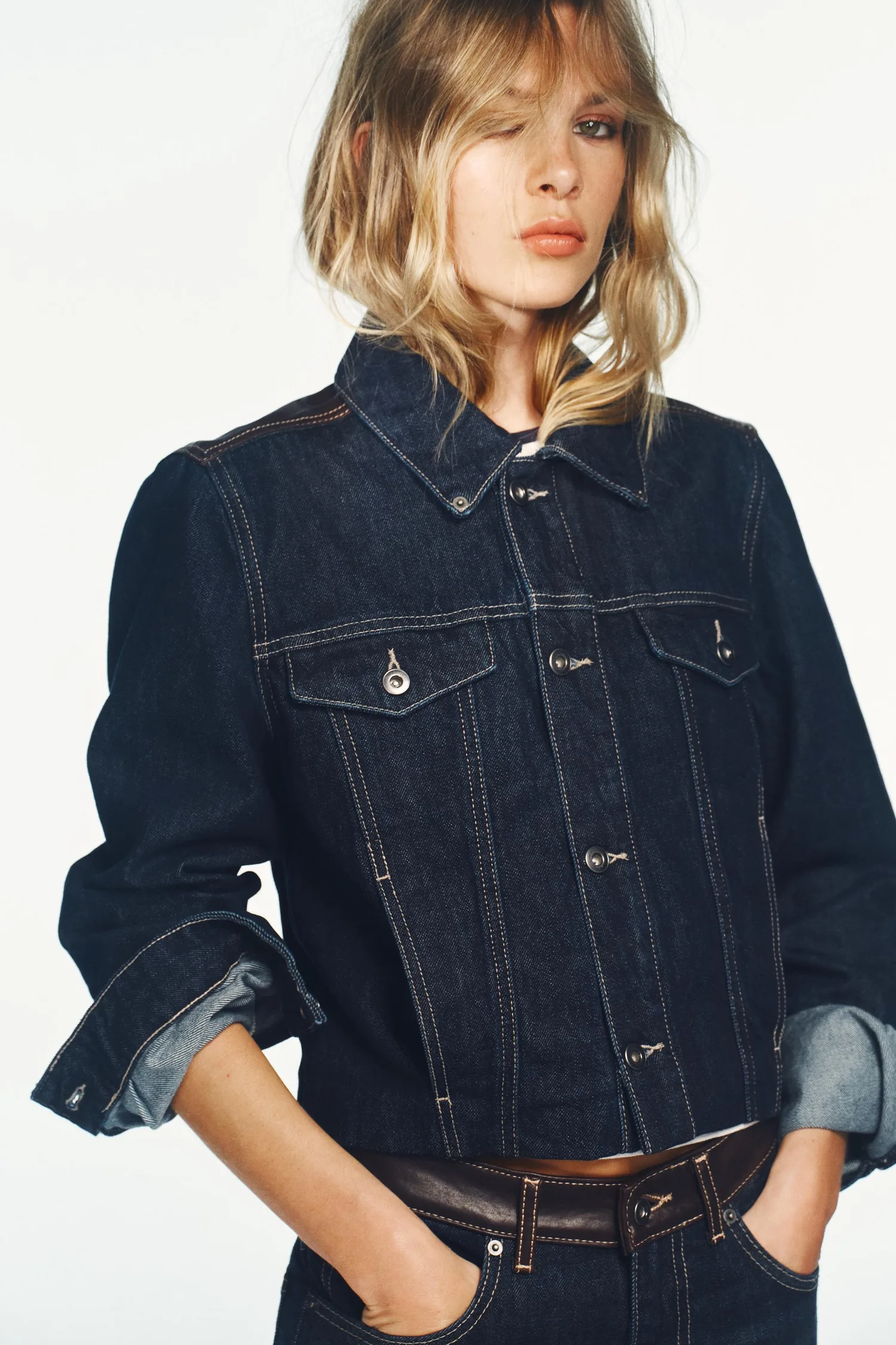 Куртка из искусственной кожи и джинсовой ткани Zara, темно-индиго