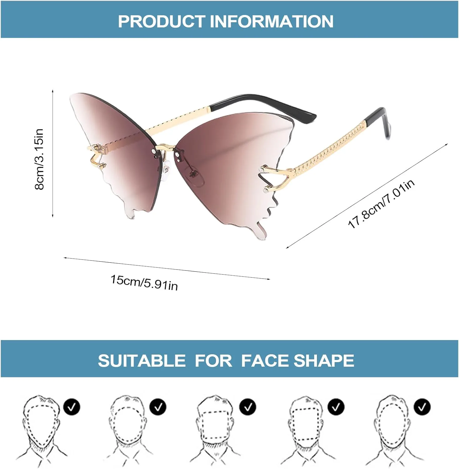 

Солнцезащитные очки Butterfly - 7,01x3,15x5,91 дюйма, безрамочные, с градиентными линзами, многофункциональные, модные, с защитой от УФ-излучения Generic, Hot Pink