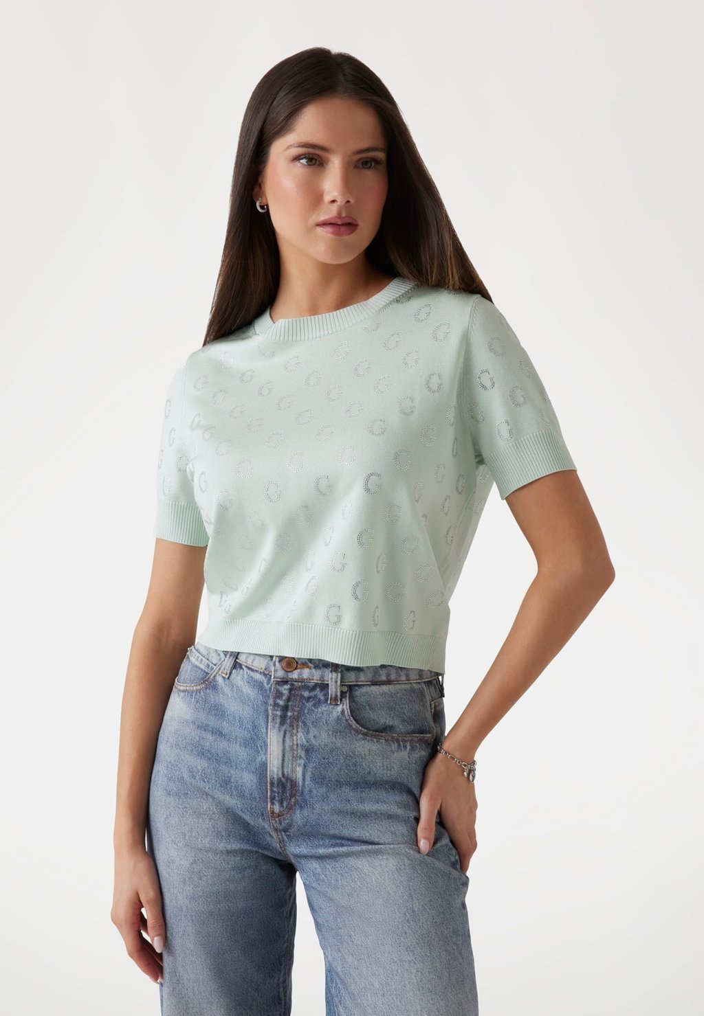 

Футболка с принтом CROPPED STRASS-LOGO Guess, зеленый