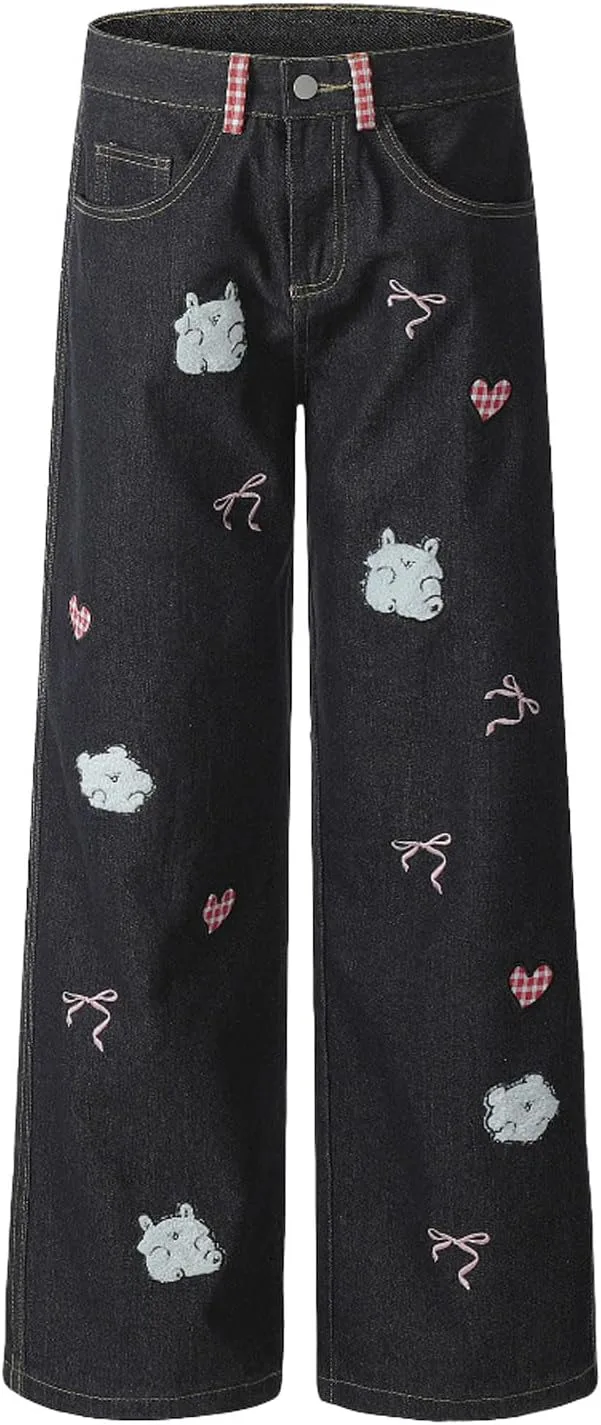 

CHARTOU Women Cute Baggy Jeans Y2K Wide Leg Pants Denim High Rise Embroidered Loose Jeans with Pockets