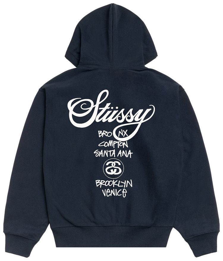 Толстовка на молнии Stussy World Tour, темно-синяя — фото 2