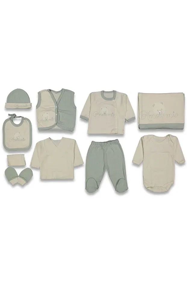 Детский комплект для мальчиков с вышивкой мишки с бутылочкой Boy baby amore mi̇o embroidered teddy bear with bottle 10-piece newborn hospital release zibin set Zeynuko, Green — фото 2