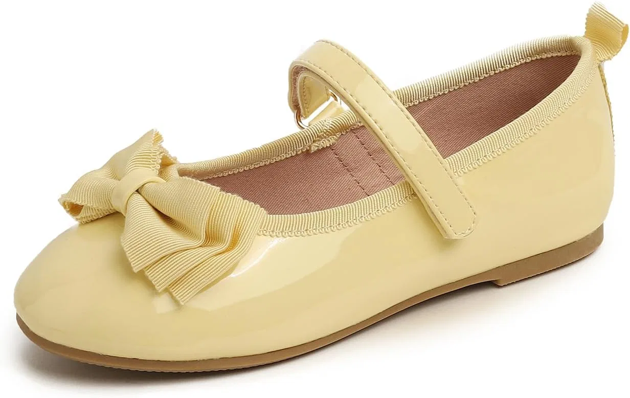 Детские балетки для девочек с принтом FEVERSOLE, Yellow Patent Vegan Leather Bow Tie Loop Maryjane