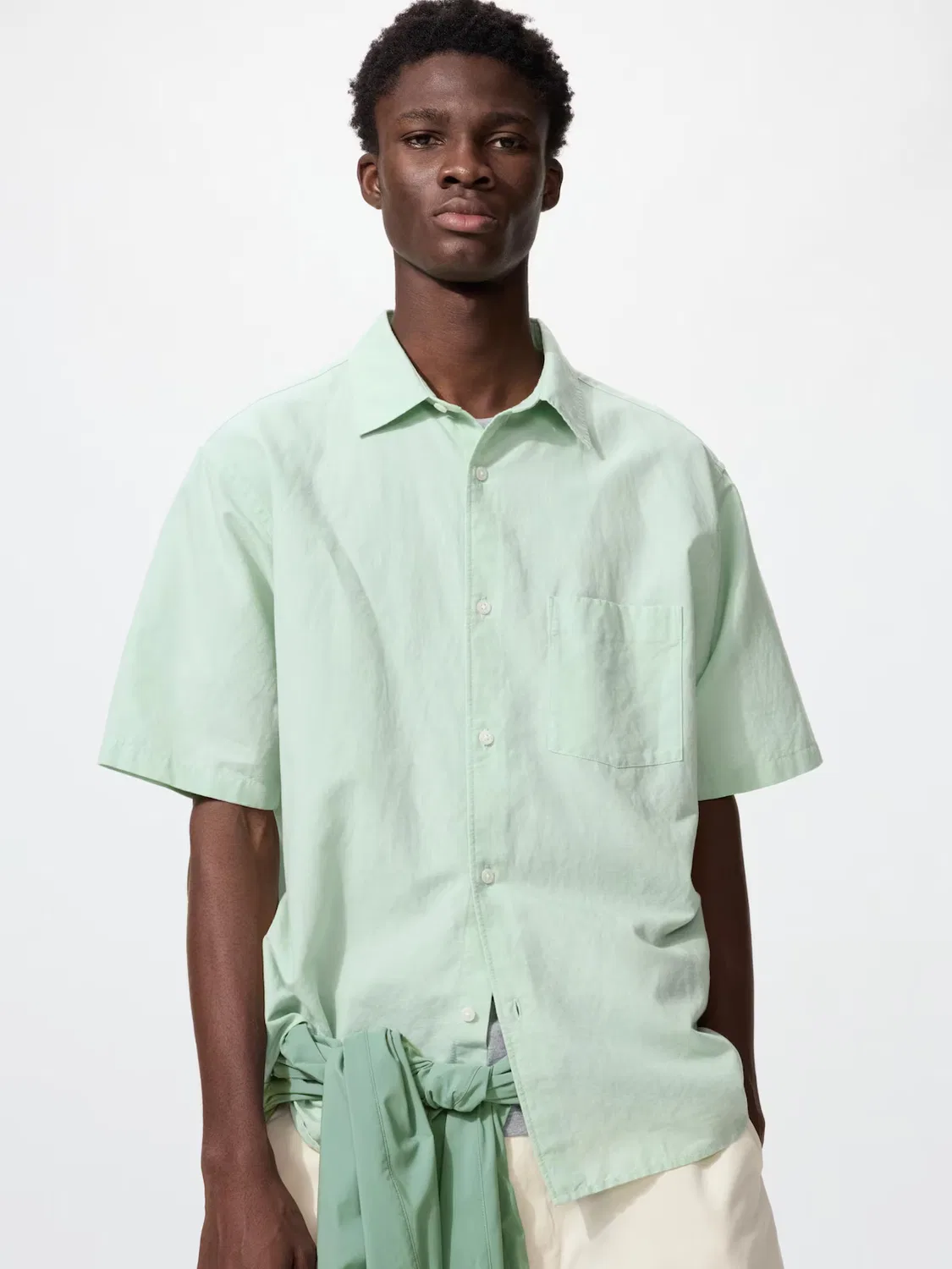 Рубашка Uniqlo, хлопковая-льняная, зеленого цвета