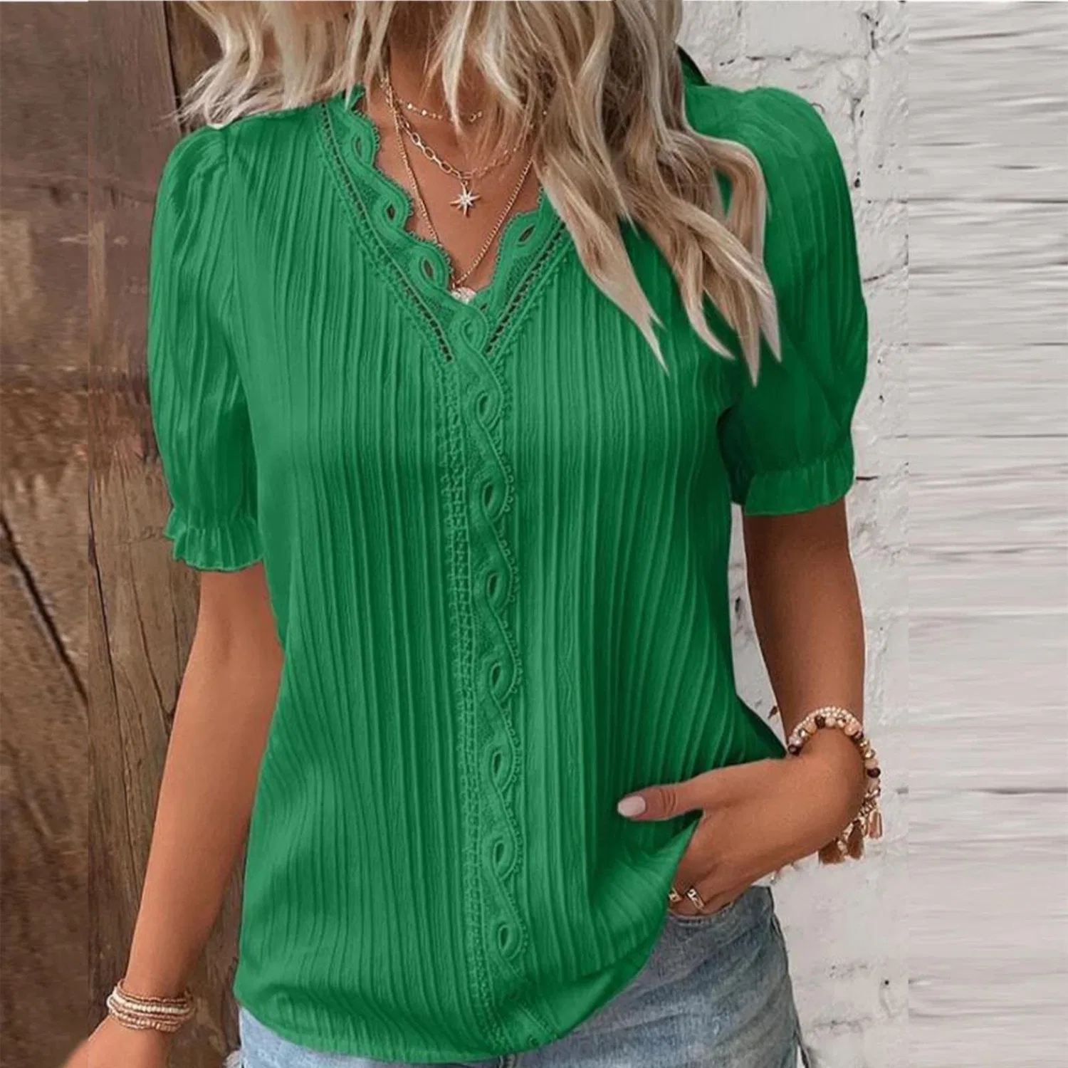 Женская блузка с кружевным V-образным вырезом Elegant Plus Size, Green — фото 2
