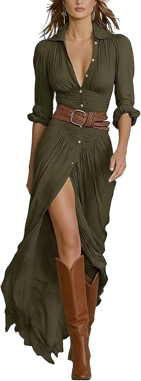 Женское длинное платье с V-образным вырезом и пуговицами, Army Green