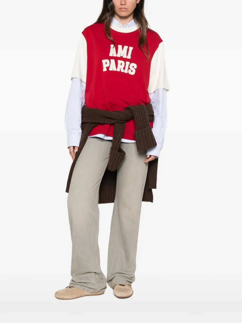 Футболка с логотипом и цветовыми блоками AMI Paris, красный — фото 3