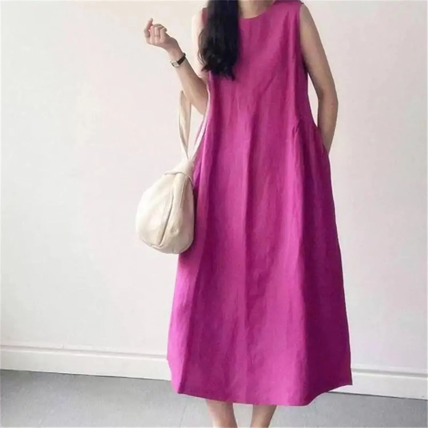Женское свободное платье без рукавов из хлопка и льна с карманами, Purple — фото 4