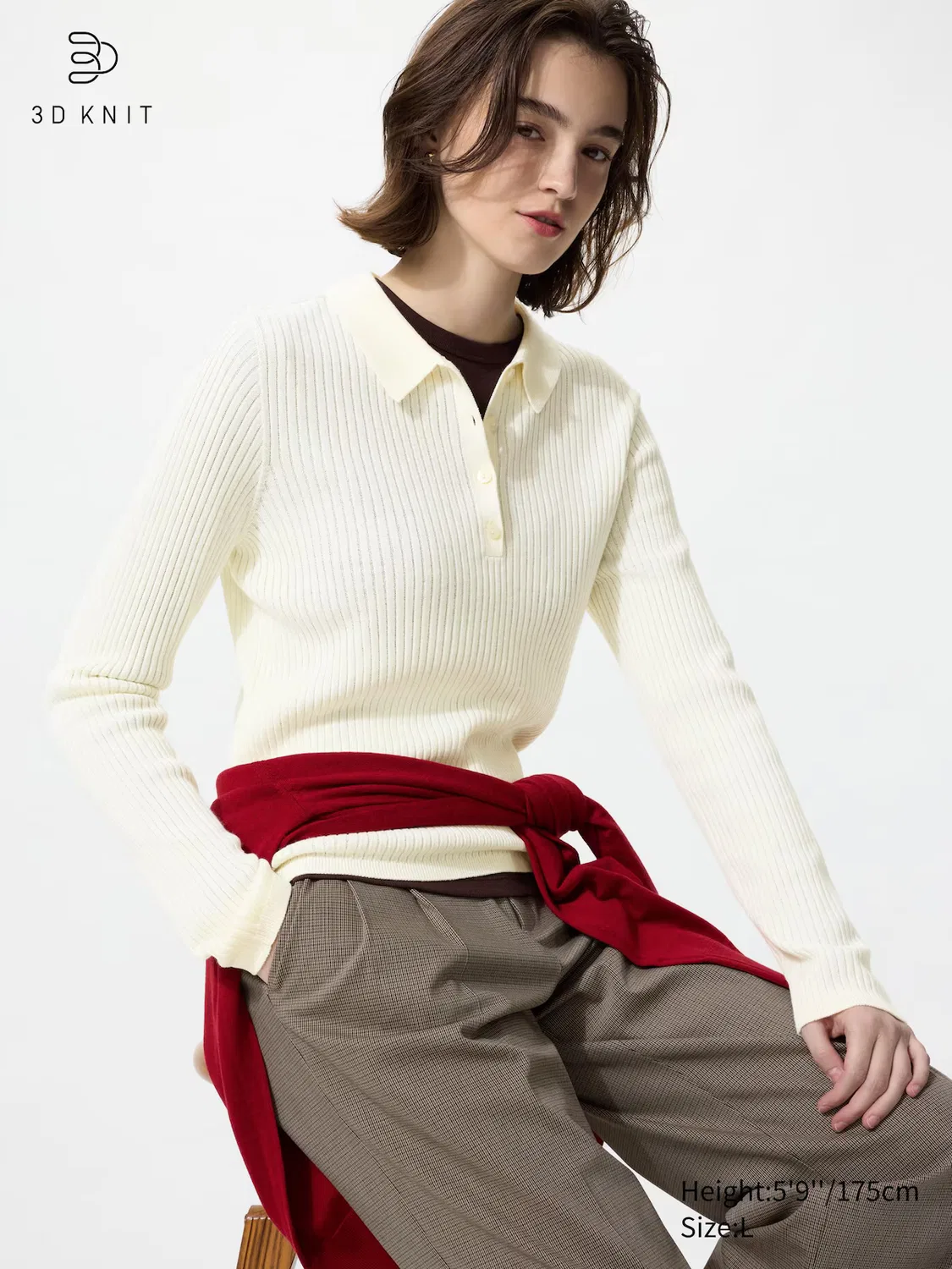 Свитер поло Uniqlo, вязаный ребристый свитер-поло из смеси мериносовой шерсти, кремовый