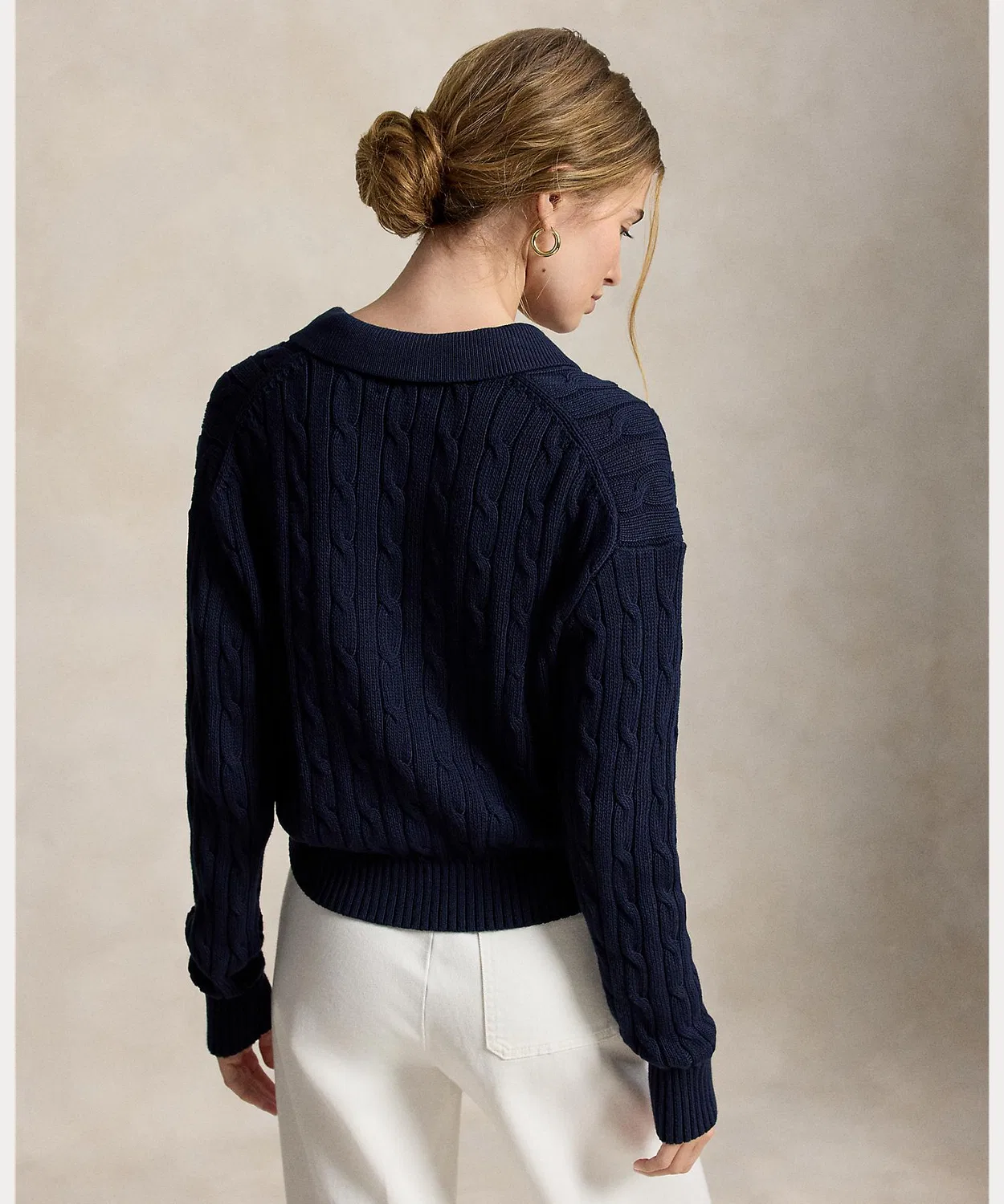 Женский кардиган с поло-воротником, из хлопка, с длинным рукавом Cable Cotton Polo Collar POLO RALPH LAUREN, Blue — фото 4
