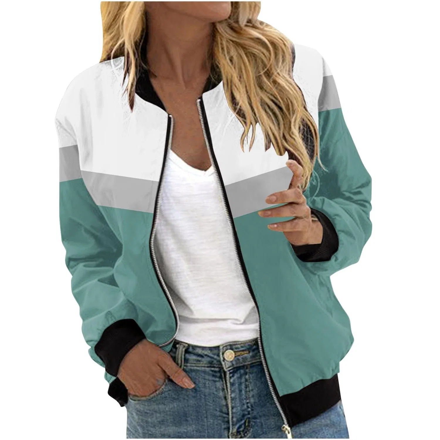 Женская куртка-бомбер оверсайз с молнией и патчами, модель Two-Tone Patchwork Pilot Jacket, Verde menta
