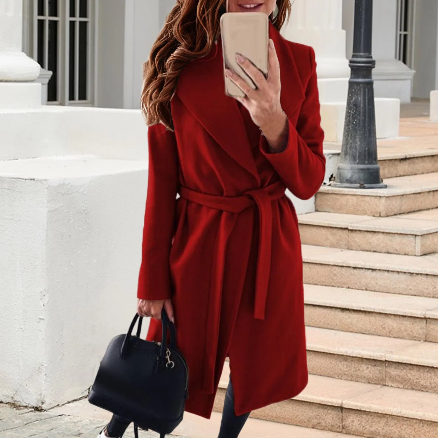 Женское зимнее пальто средней длины с поясом, Vino rosso — фото 4