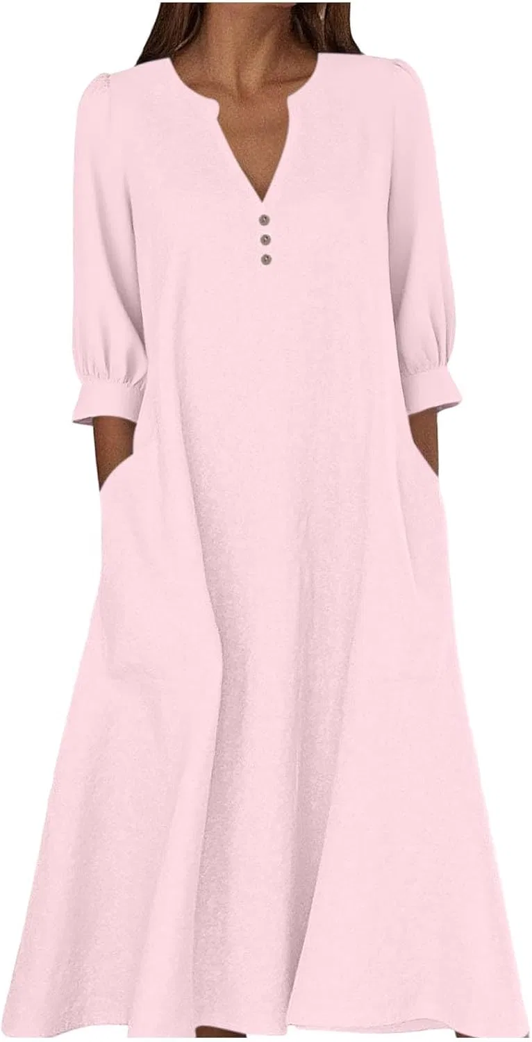 Женское свободное макси-платье с V-образным вырезом Cotton Linen, Pink