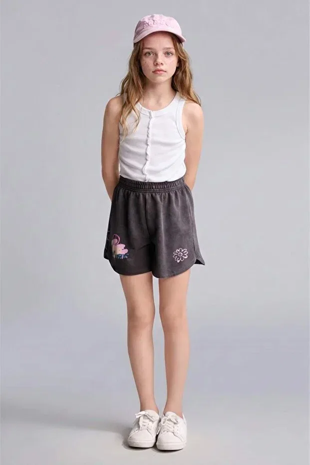 Детские шорты для девочек с принтом Elastic Waist Embroidery Detailed Pink Shorts For Girls H4098A826HS Defacto, Anthracite-Ar210