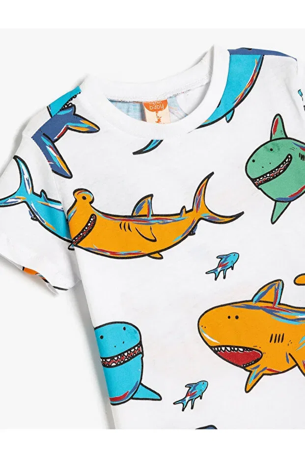 Детская футболка для мальчиков с принтом Shark printed cotton ecru baby boy t-shirt Koton, Ecru Patterned — фото 3