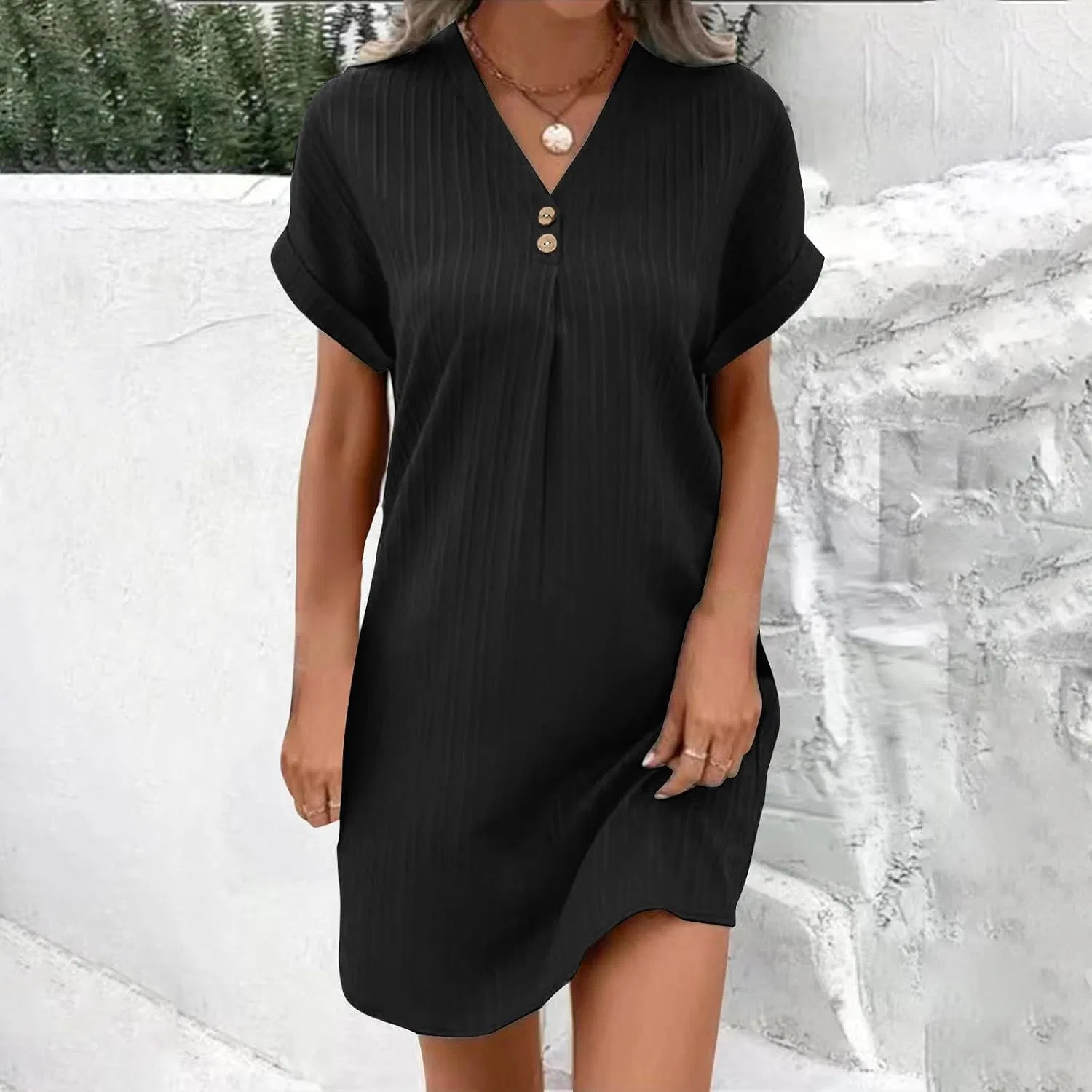 Женское летнее платье с V-образным вырезом Short Sleeve Pleated, Black — фото 2