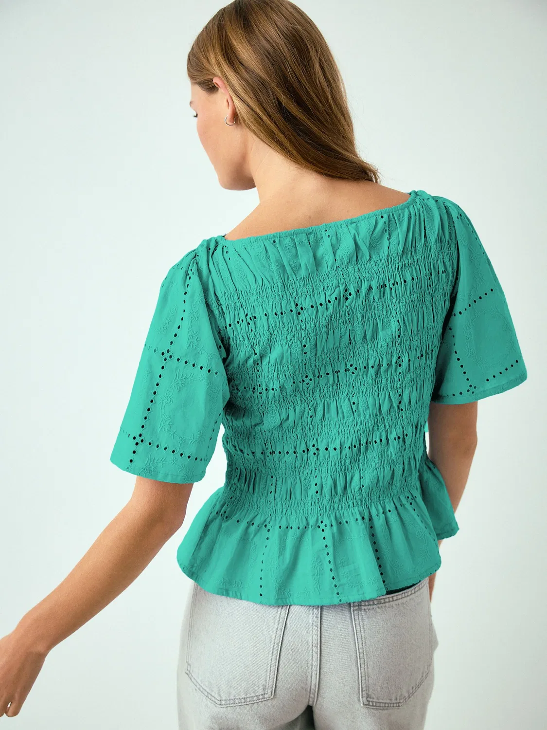 Топ с воланами, модель Green Smocked Slash Neck Short Sleeve Next, зеленый — фото 2