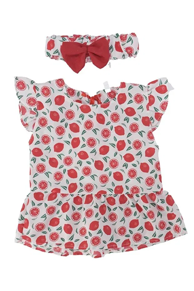 Детский комплект для девочек с цветочным принтом Fruit Patterned Tricotone Dress Suit With Bandanas And Shorts Bebelop, Red — фото 2