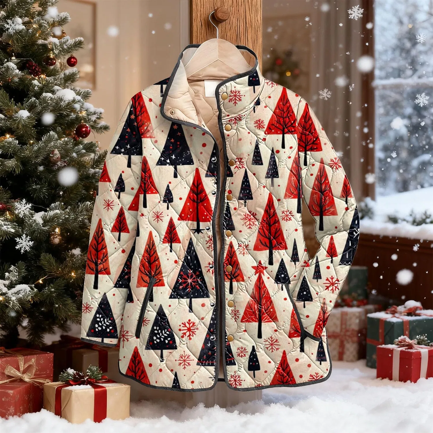 Женское утепленное пальто с рождественским принтом Christmas Printed Quilted Jacket, 2-rosso — фото 4