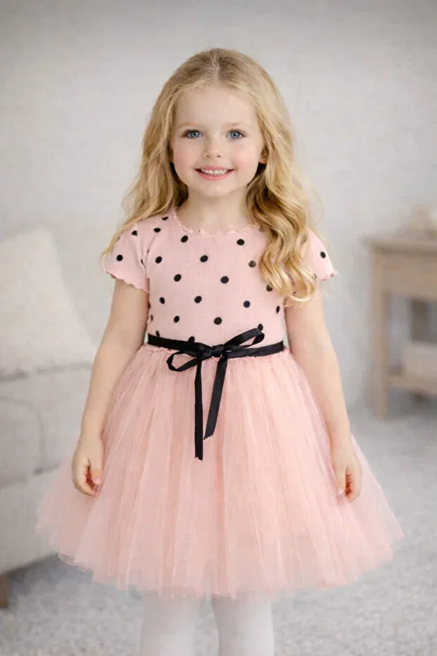 Детское платье для девочек с принтом Linda Short Sleeve Girl Princess Fluffy Powder Pink Polka Dot Stretchy Lycra Tulle Tutu Şirin Şeyler Butiği, Powder Pink