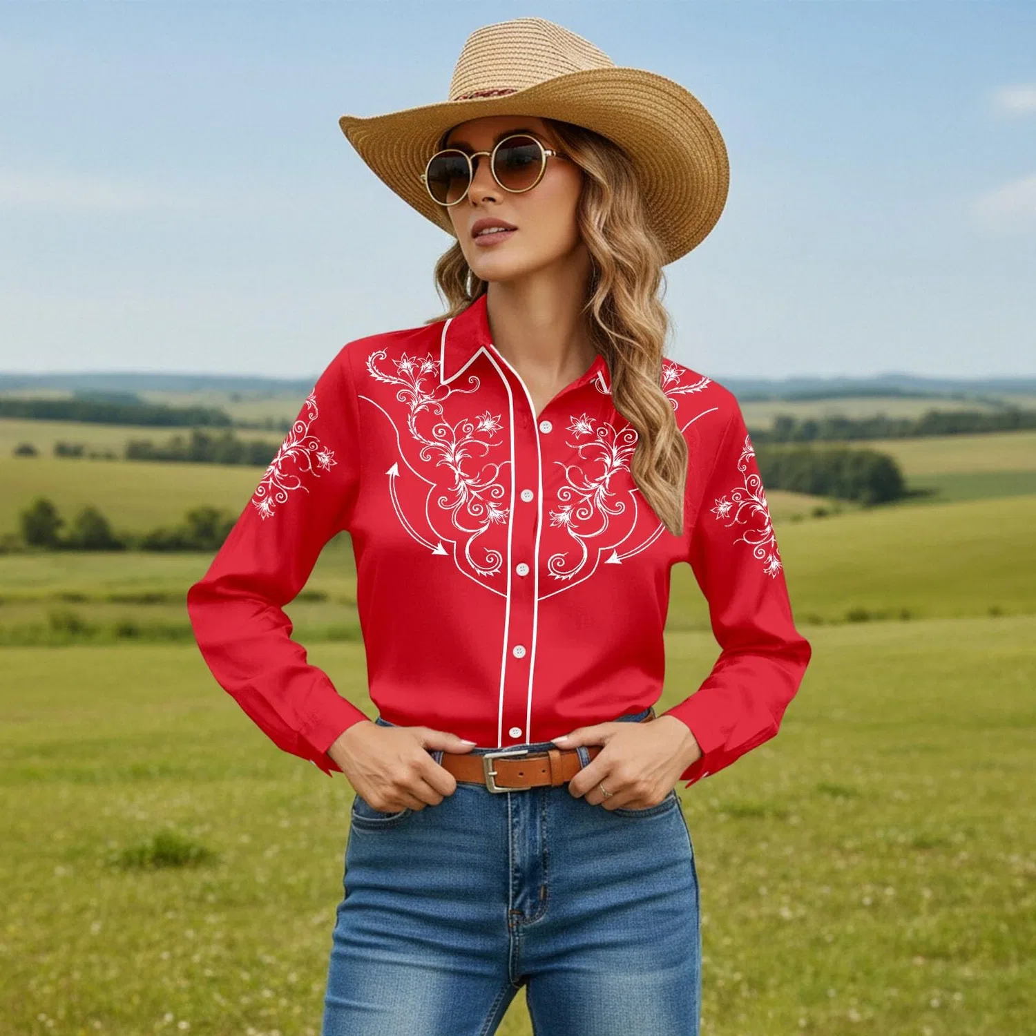 Женская блузка с принтом Cowboy Print Slim Fit, Red — фото 2