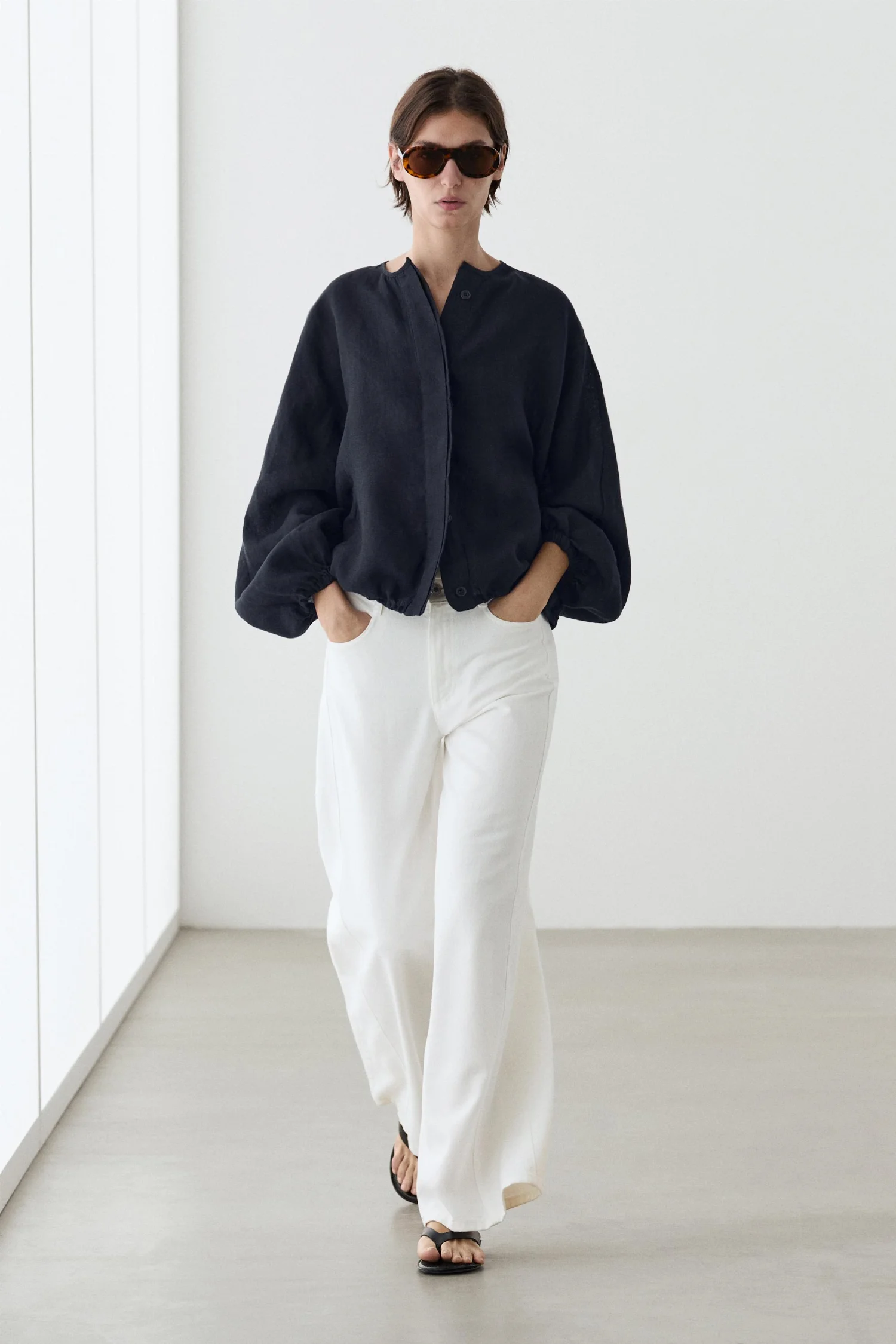 Бомбер Massimo Dutti 100% Linen Puff, темно-синий