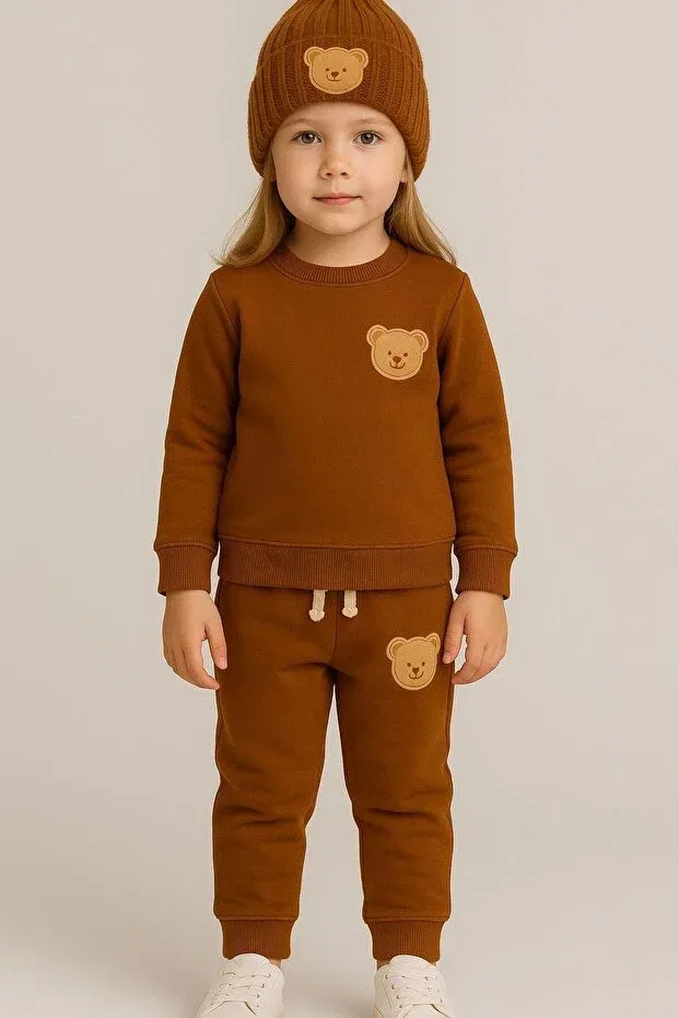 Детский комплект спортивного костюма из 3 предметов Teddy brown Şapkakids, Brown1 — фото 2
