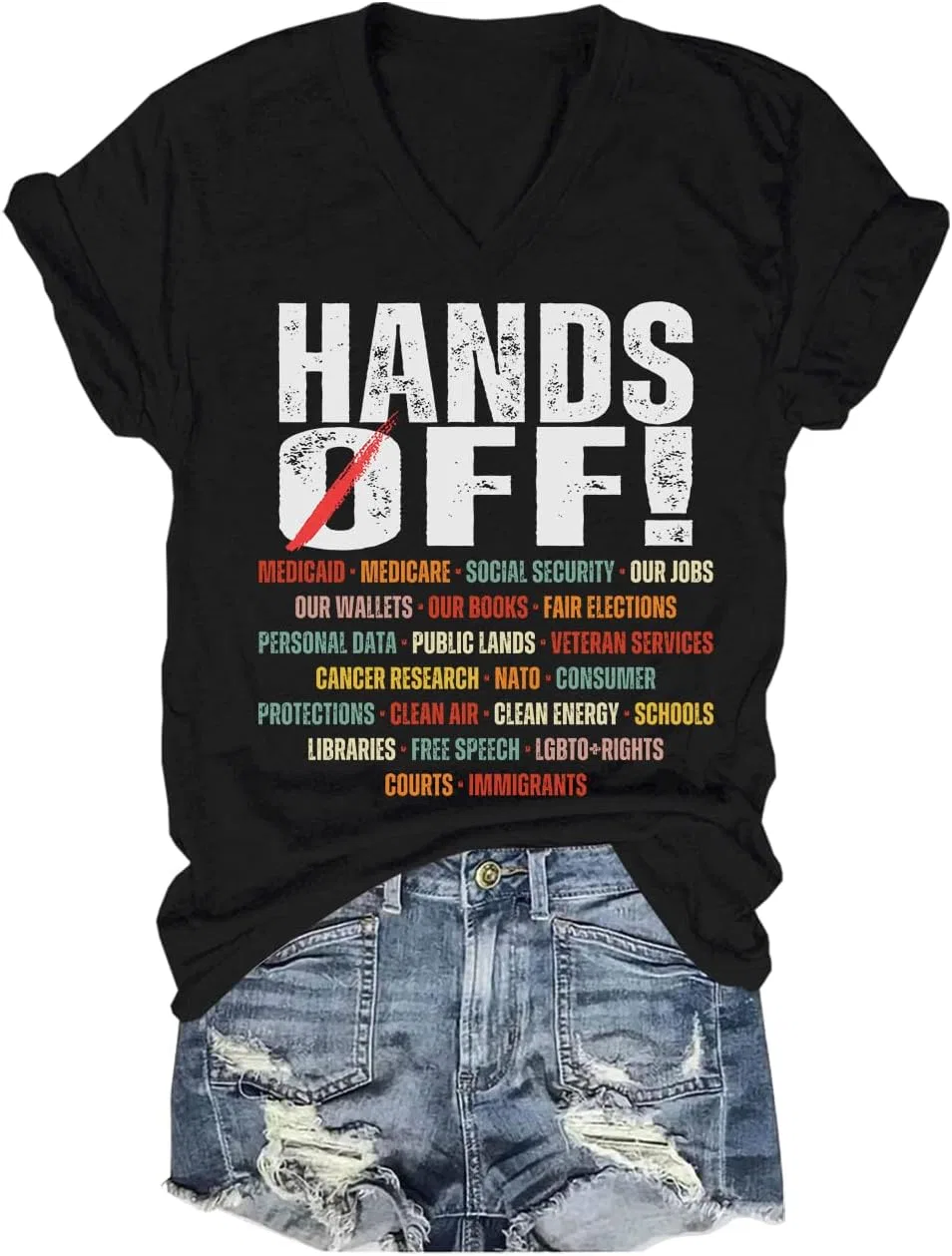 Футболка с V-образным вырезом с принтом Hands Off Protest, Black