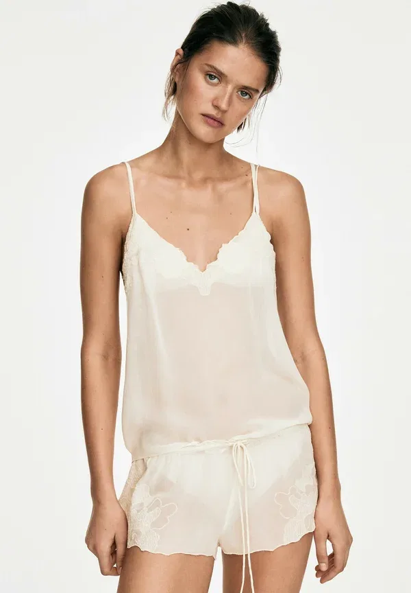 Топ с регулируемыми бретелями Flowing camisole top with embroidered detail - undershirt Massimo Dutti, beige, бежевый