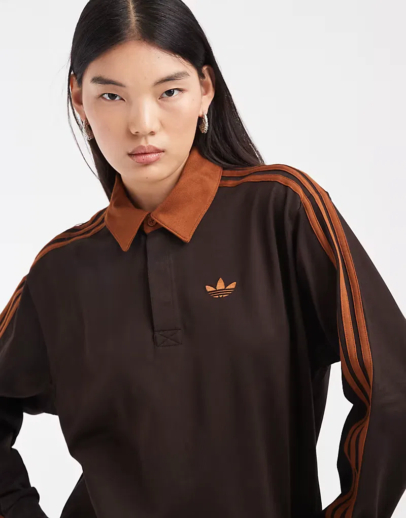 Поло Adidas Originals с тремя полосками и длинными рукавами, коричневый — фото 2