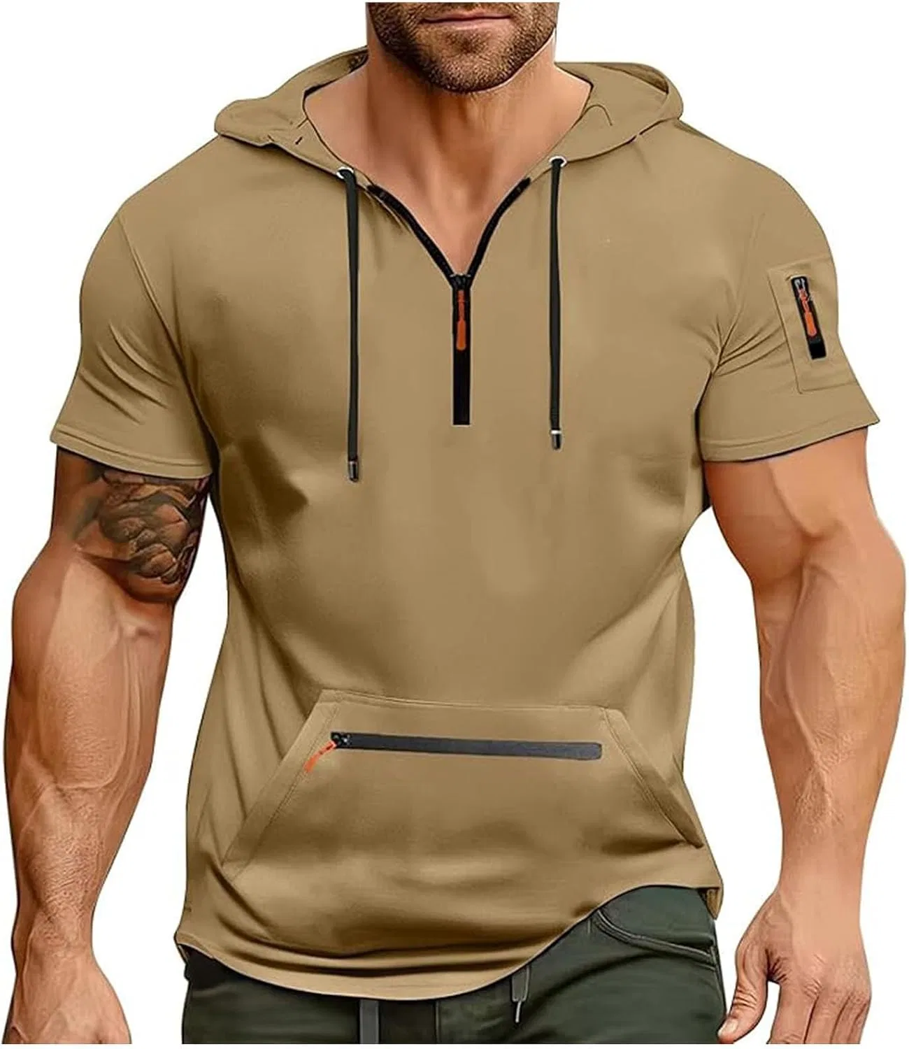 Мужская футболка с капюшоном и карманом, Loose Fit, 2-khaki