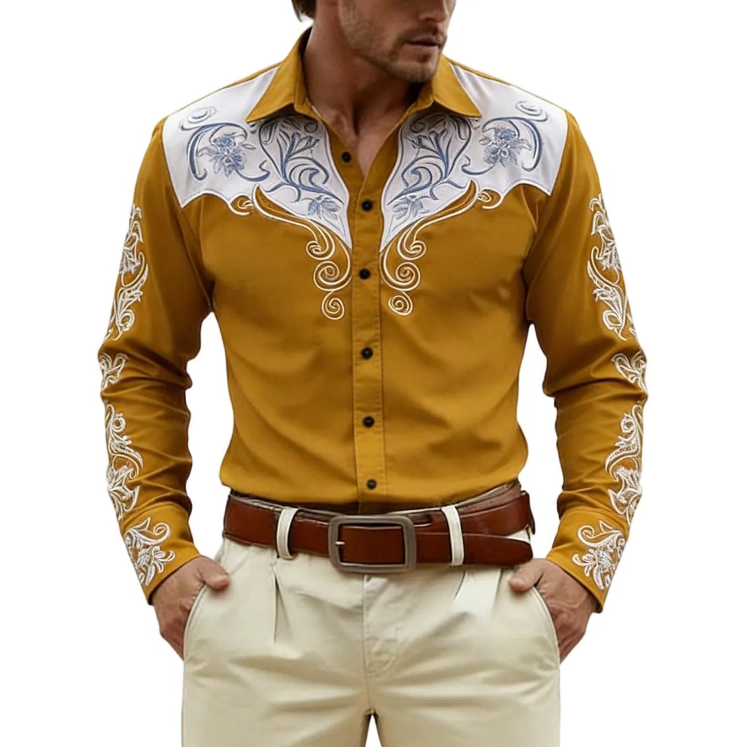 Мужская рубашка с длинным рукавом с вышивкой Western Shirt Cowboy Costume, #020-giallo-rosso