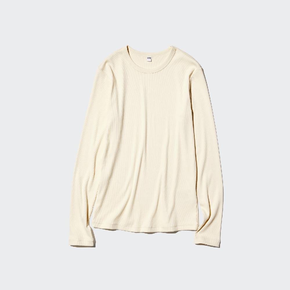 Лонгслив Uniqlo Soft Rib Crew Neck T-Shirt, 40 кремовый