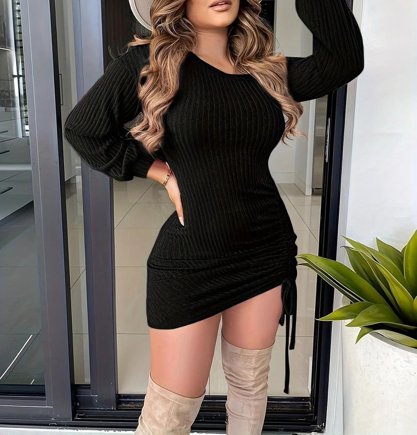 Женское облегающее платье с одним рукавом и воланами Bodycon, Black — фото 2