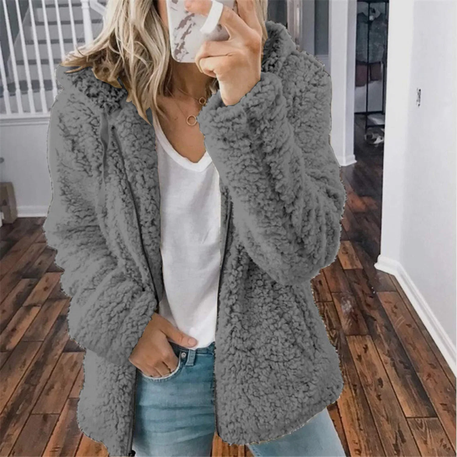 Женская куртка с капюшоном из флиса Y2K Streetwear, dark grey — фото 2