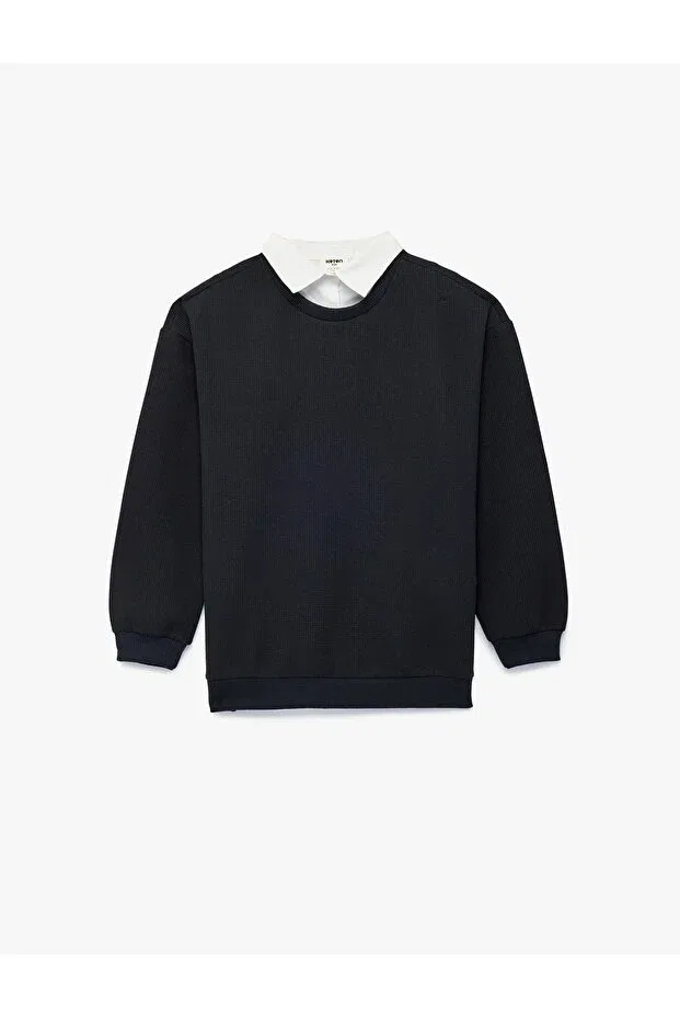 Детские свитшот для мальчиков с длинным рукавом Textured Long Sleeve Polo Collar Sweatshirt Koton, Navy Blue — фото 3