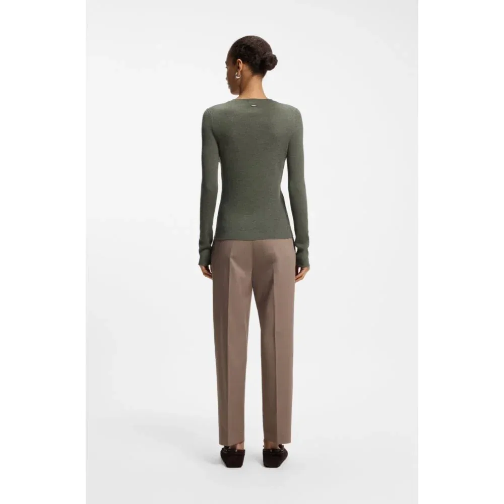 Женский свитер с воротником хенли из мериносовой шерсти BOSS, Dark Green — фото 4