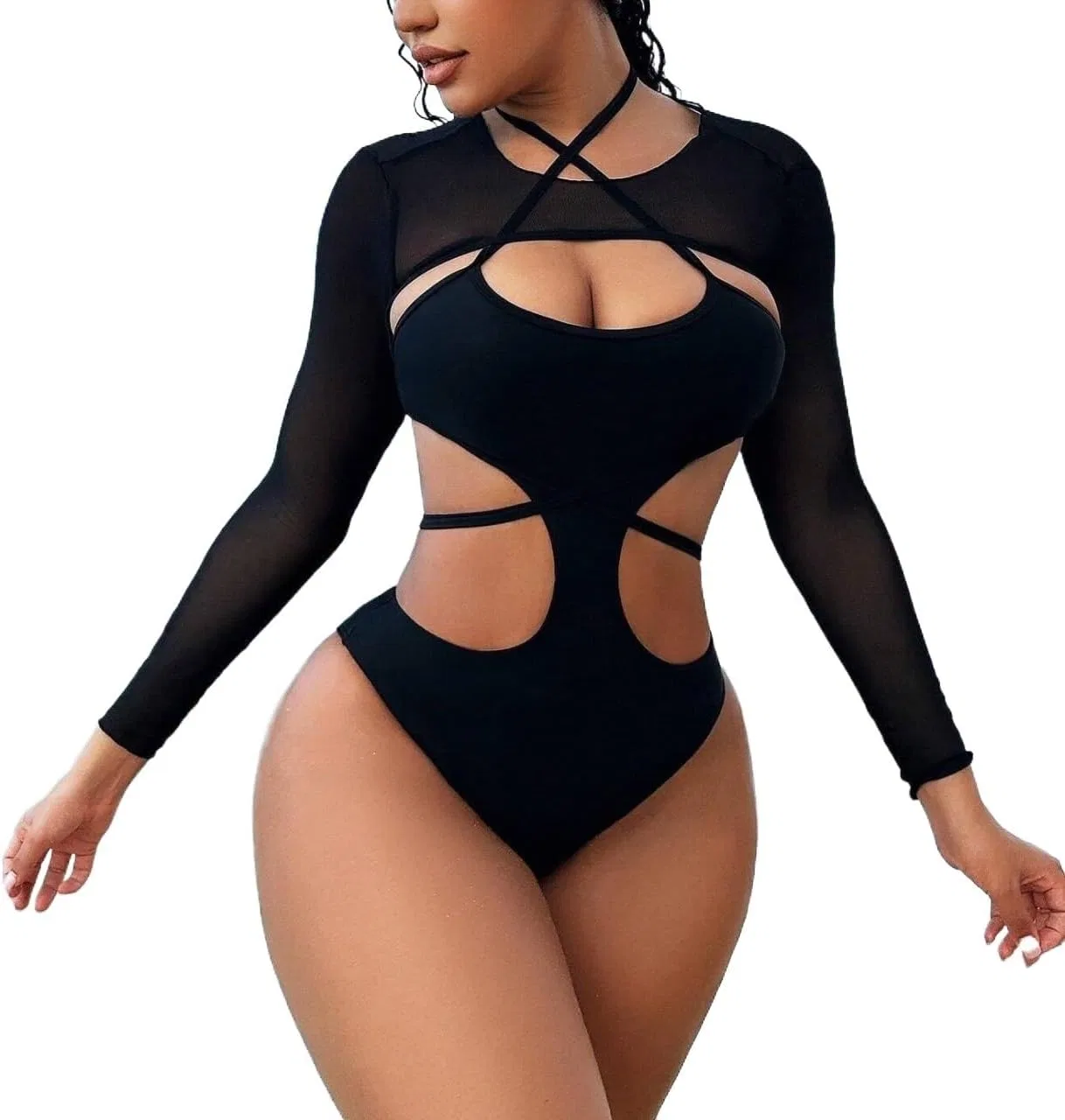 Женский купальник монокини с вырезами Halter Neck, Black