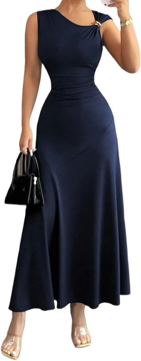 Женское A-силуэта длинное платье без рукавов с асимметричным вырезом, Royal Blue