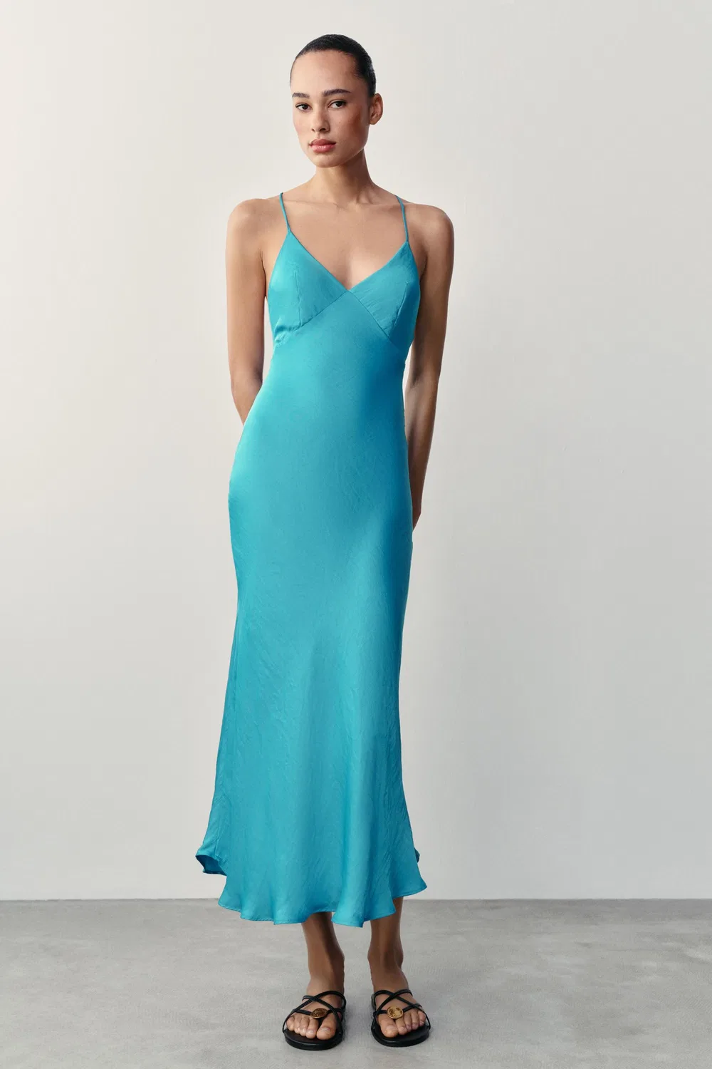 Атласное платье с расшитой бисером спинкой ZARA, Turquoise