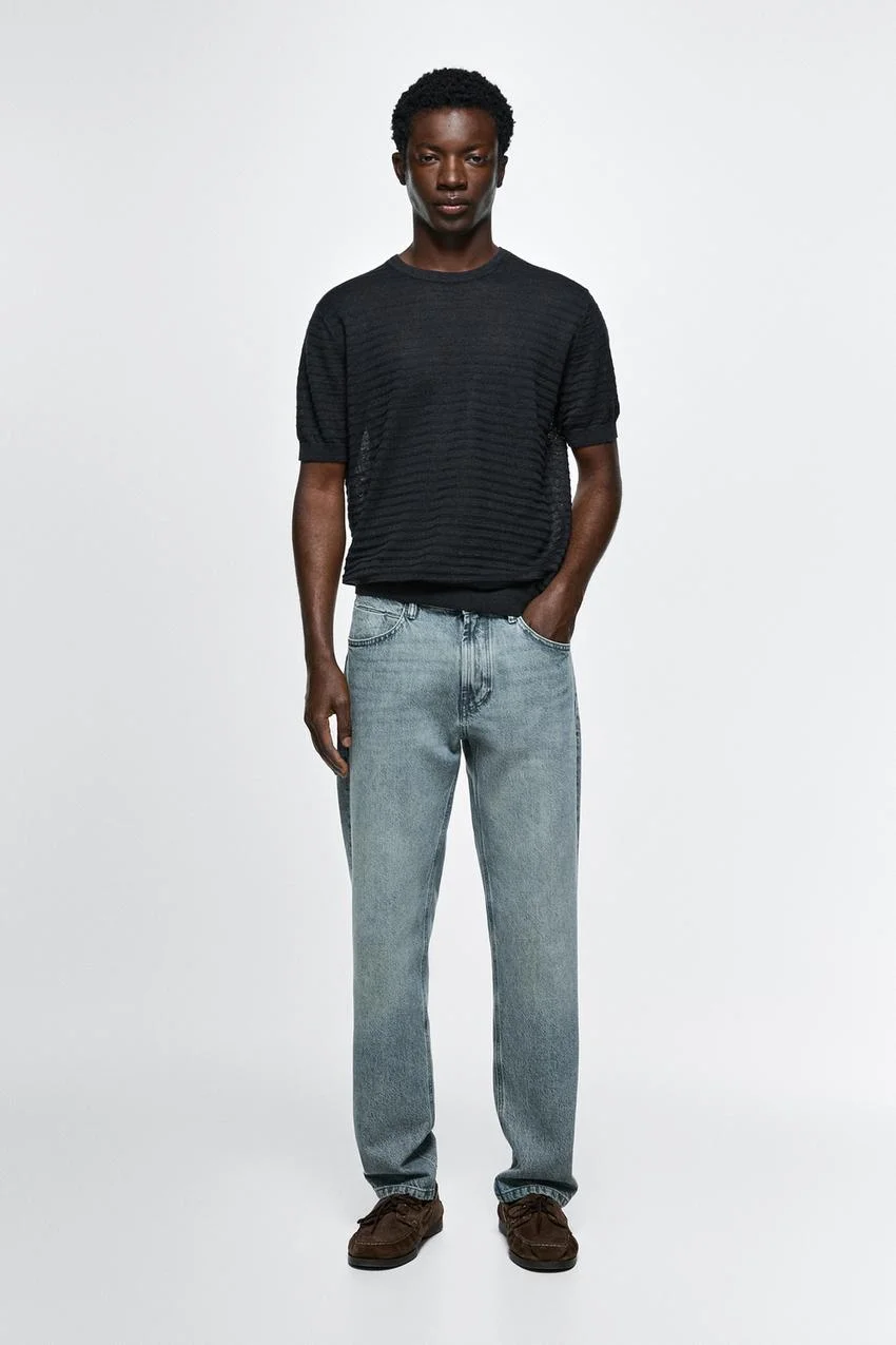 Джинсы Massimo Dutti Stonewashed Tapered-Fit, синий — фото 3