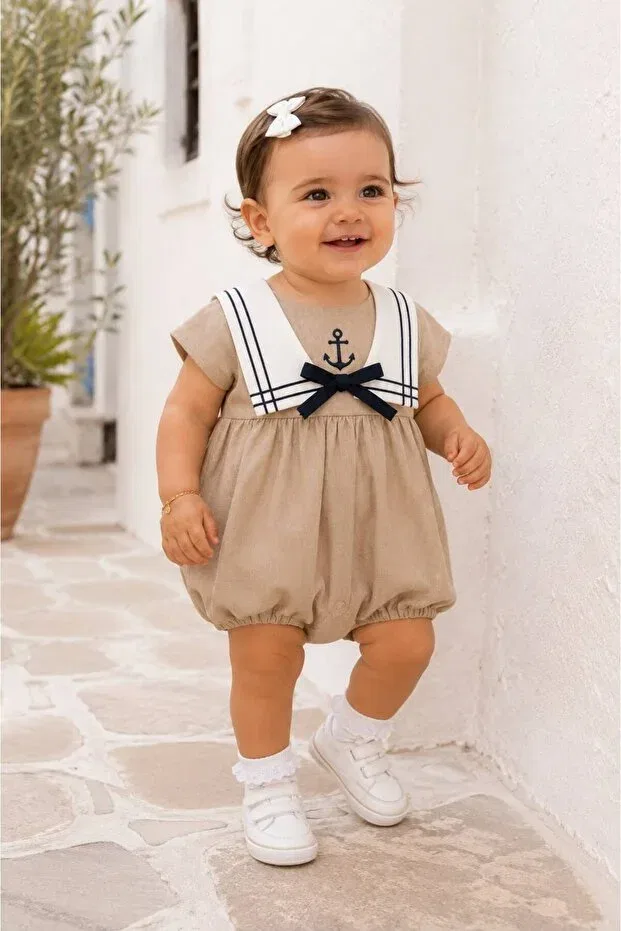 Детское боди-комбинезон с принтом Sailor Collar Summer Rompers Lumino Kids, Beige