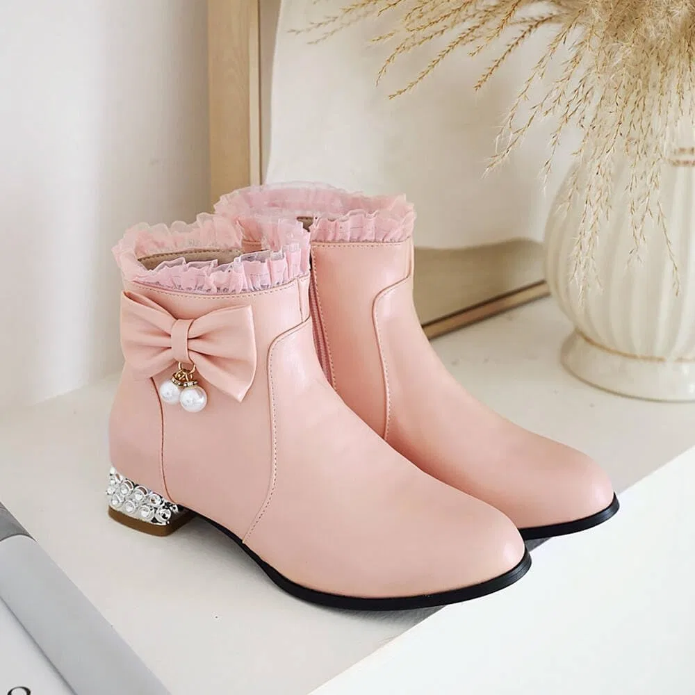 Детские ботинки для девочек с бантом и рюшами BININBOX, Pink — фото 3
