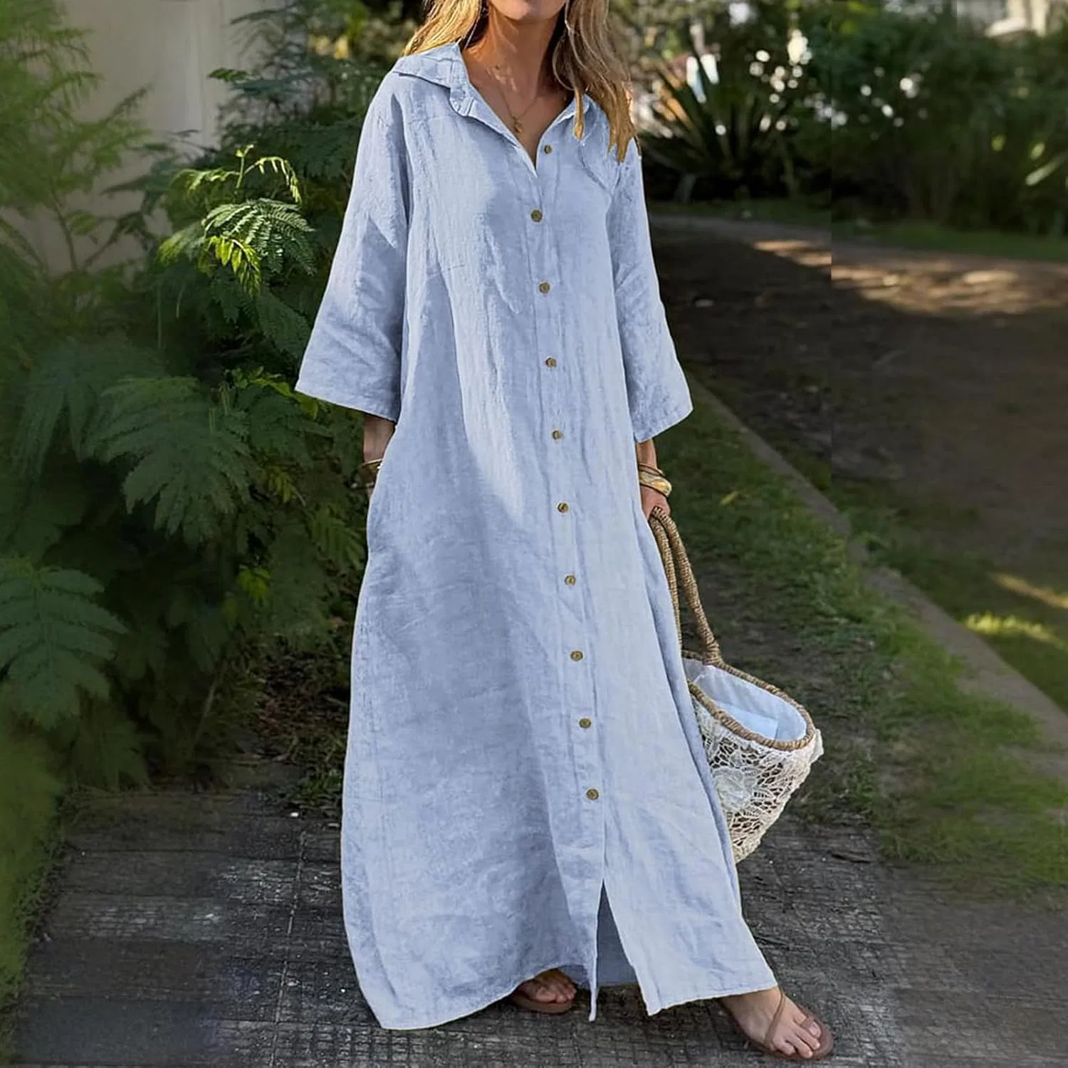 Макси-платье-рубашка свободного кроя с длинным рукавом, Light Blue — фото 2