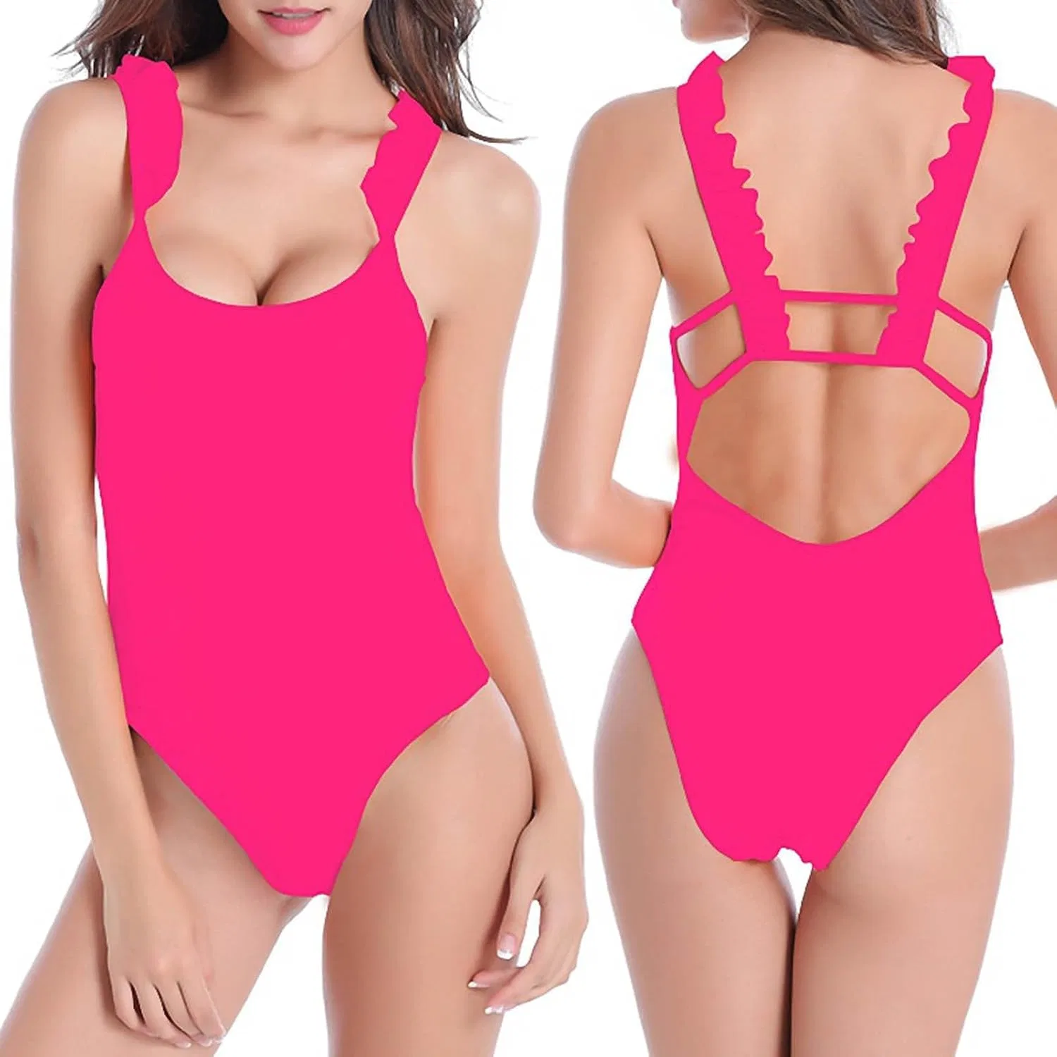 Женский цельный купальник с высокой талией и открытой спиной, Pink — фото 2